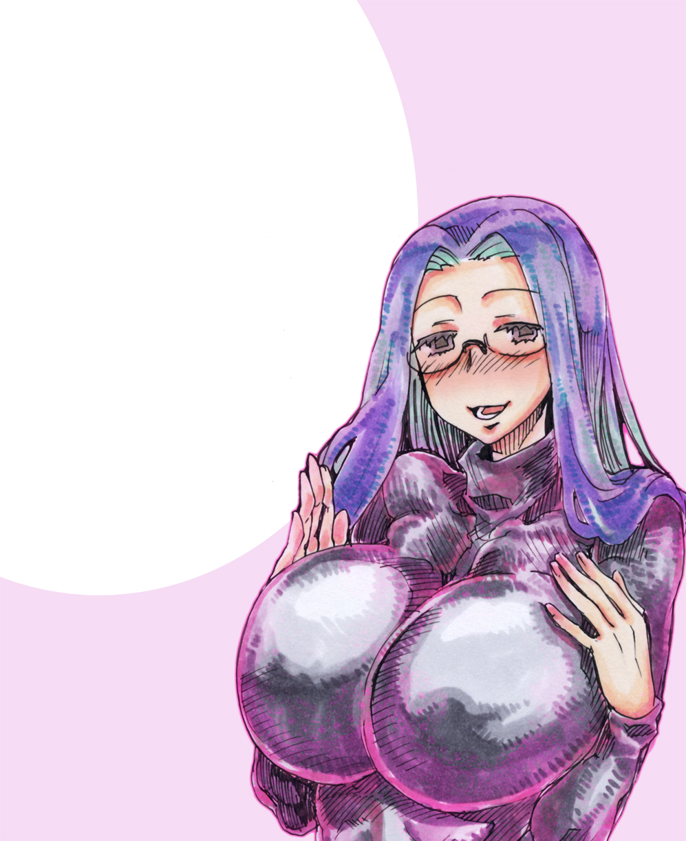 1girl breasts brown_eyes fate/stay_night fate_(series) glasses highres kikuta large_breasts long_hair looking_at_viewer marker_(medium) millipen_(medium) open_mouth purple_hair rider smile solo square_pupils sweater teeth tongue traditional_media turtleneck turtleneck_sweater upper_body