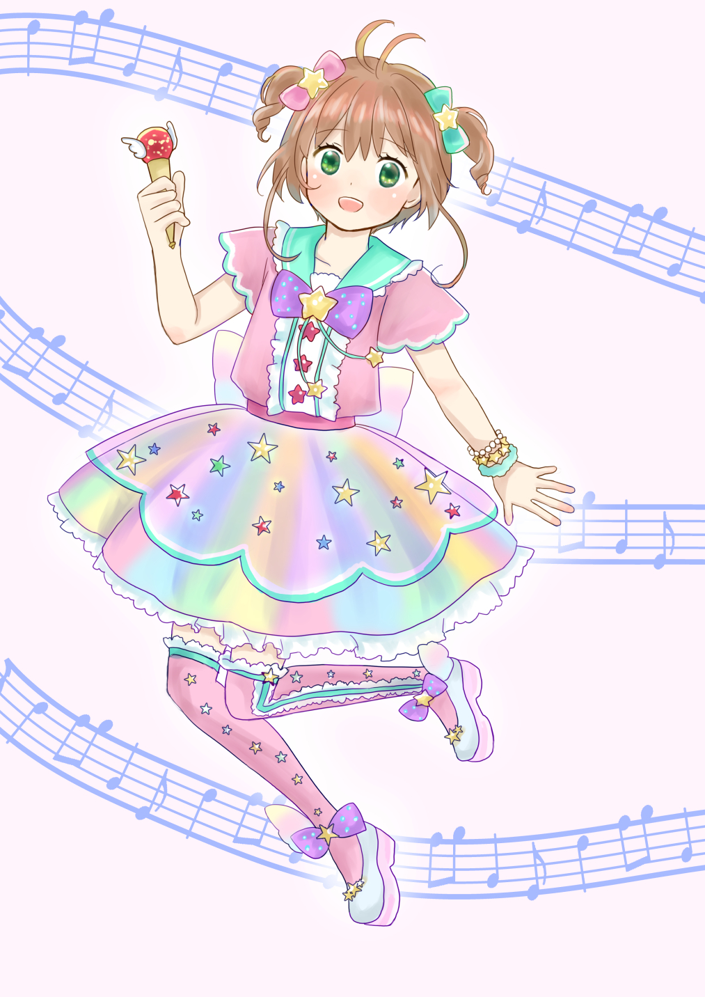 1girl :d bow brown_hair card_captor_sakura cosplay dress green_eyes highres ichigo_daifuku_(blumenwalzer0903) kinomoto_sakura microphone multicolored multicolored_clothes multicolored_legwear musical_note open_mouth over-kneehighs pripara short_twintails smile staff_(music) star thigh-highs twintails yumekawa_yui yumekawa_yui_(cosplay)