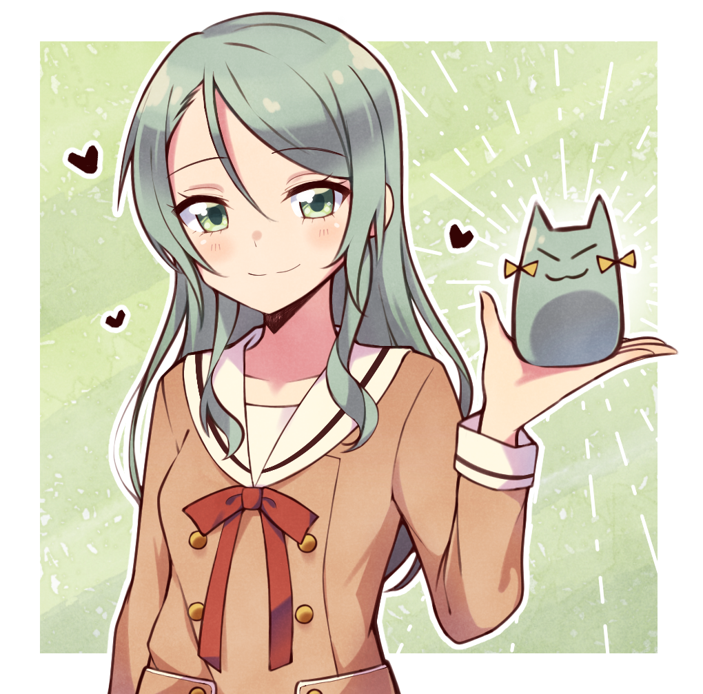 1girl :3 animalization bang_dream! blush bow brown_dress cat ceph_(greatyazawa1819) closed_eyes double-breasted dress emphasis_lines green_background green_cat green_eyes green_hair hanasakigawa_school_uniform heart hikawa_hina hikawa_sayo holding looking_at_viewer neck_ribbon outline red_neckwear ribbon sailor_collar sailor_dress school_uniform smile solo upper_body v-shaped_eyes white_outline white_sailor_collar yellow_bow