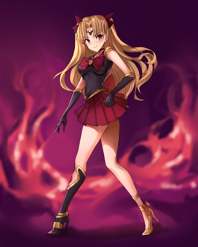 1girl bangs bishoujo_senshi_sailor_moon black_footwear black_gloves black_shirt blonde_hair blurry blurry_background blush boots bow bowtie circlet closed_mouth earrings elbow_gloves ereshkigal_(fate/grand_order) eyebrows_visible_through_hair fate/grand_order fate_(series) full_body gloves hair_bow high_heel_boots high_heels jewelry knee_boots long_hair looking_at_viewer miniskirt mismatched_footwear parted_bangs pleated_skirt purple_bow purple_neckwear purple_skirt red_eyes shirt skirt skull sleeveless sleeveless_shirt smile solo standing twisted_torso two_side_up yellow_bow yellow_footwear yuemanhuaikong