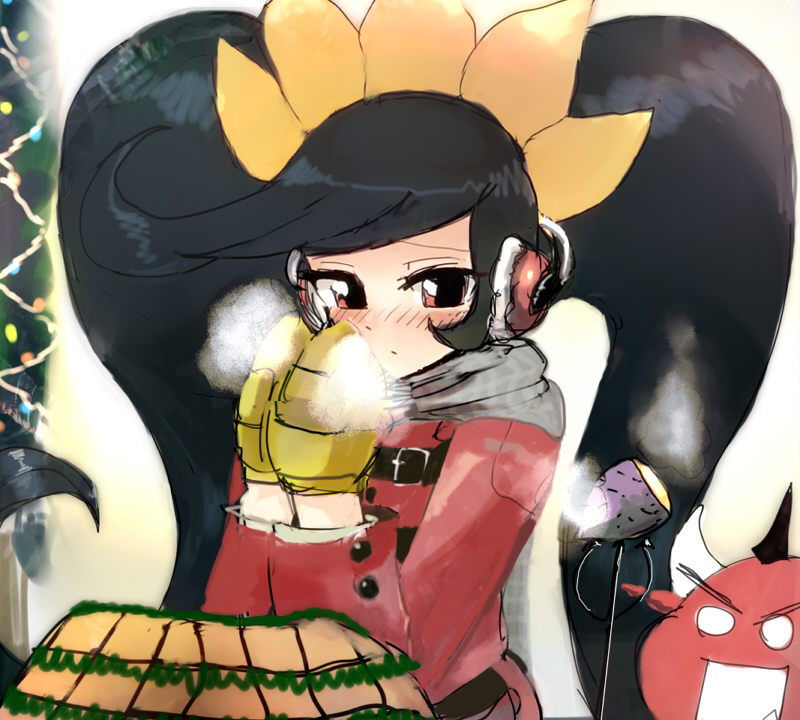 1girl ashley_(warioware) bangs black_hair blush byte_(grunty-hag1) christmas_lights christmas_tree coat demon earmuffs fang gloves hair_ornament horns jacket long_hair long_sleeves nintendo polearm red_(warioware) red_coat red_eyes scarf skull trident twintails upper_body very_long_hair visible_air warioware weapon