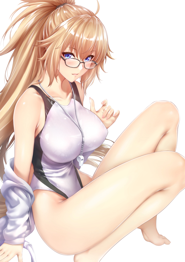 1girl ahoge bangs bare_legs barefoot bikini blonde_hair blue_eyes blush breasts cleavage closed_mouth collarbone eyebrows_visible_through_hair fate/grand_order fate_(series) glasses grey-framed_eyewear hair_between_eyes hairband hand_up hood hooded_jacket jacket jeanne_d'arc_(fate)_(all) jeanne_d'arc_(swimsuit_archer) large_breasts long_hair looking_at_viewer one-piece_swimsuit ponytail shiny shiny_skin sidelocks simple_background sitting smile solo swimsuit taut_clothes taut_swimsuit very_long_hair whistle white_background zucchini