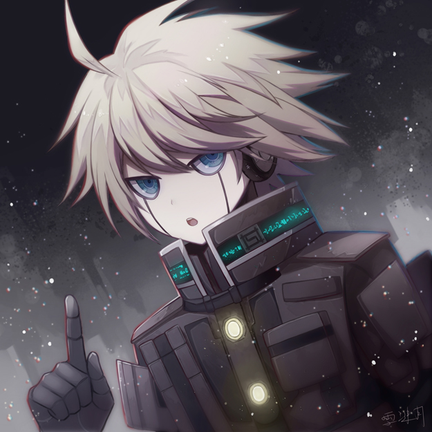 1boy :o ahoge android angel31424 armor black_armor black_gloves black_headphones blue_eyes commentary_request dangan_ronpa dot_nose eyebrows_behind_hair face gloves hair_between_eyes headphones keebo looking_at_viewer male_focus new_dangan_ronpa_v3 open_mouth out_of_frame pointing pointing_up power_armor short_hair silver_hair snow solo translation_request