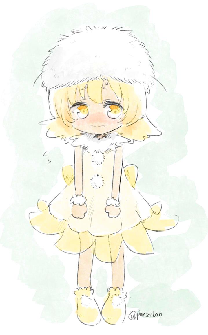 1girl 3: blonde_hair blush commentary dandelion dress flower fluffy full_body hat looking_at_viewer medium_hair original panzuban personification pom_pom_(clothes) simple_background sketch solo twitter_username yellow_eyes