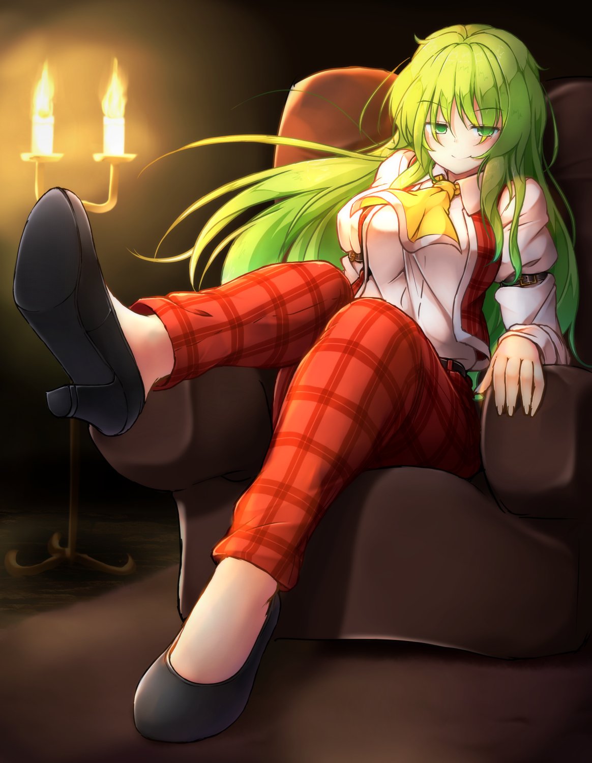 1girl aka_tawashi ascot bangs black_footwear blush breasts candle candlestand commentary_request couch eyebrows_visible_through_hair fire full_body green_eyes green_hair hair_between_eyes half-closed_eyes high_heels highres indoors juliet_sleeves kazami_yuuka kazami_yuuka_(pc-98) large_breasts long_hair long_sleeves looking_at_viewer pants plaid plaid_pants plaid_skirt puffy_sleeves red_pants red_vest shadow shirt sitting skirt smile solo touhou touhou_(pc-98) very_long_hair vest white_shirt wing_collar yellow_neckwear