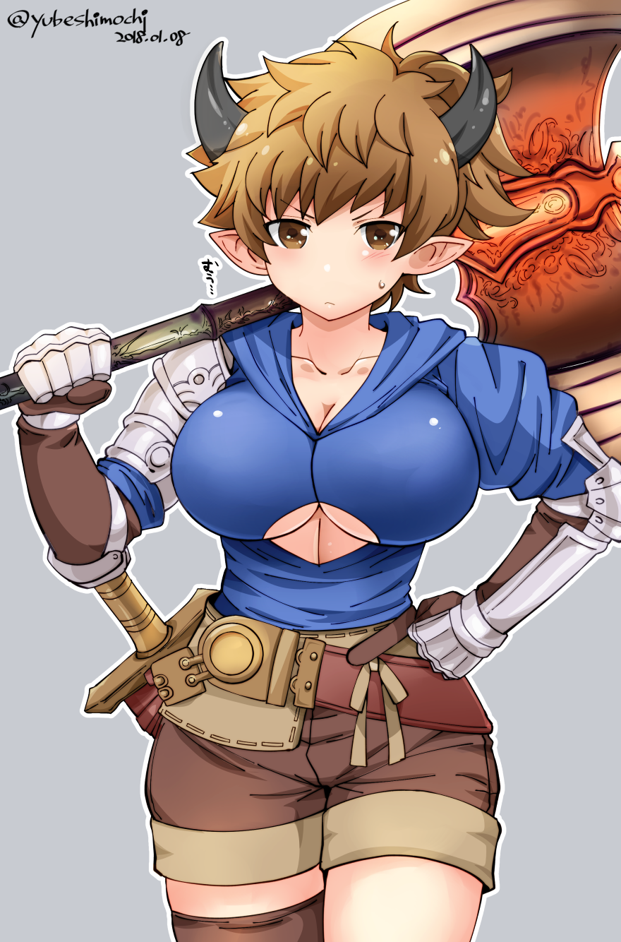 1girl akari_seisuke axe blue_background breasts brown_eyes brown_hair dated draph fighter_(granblue_fantasy) genderswap genderswap_(mtf) gran_(granblue_fantasy) granblue_fantasy hand_on_hip highres holding holding_axe holding_weapon horns large_breasts looking_at_viewer pointy_ears ponytail shorts simple_background sword thighs twitter_username under_boob weapon