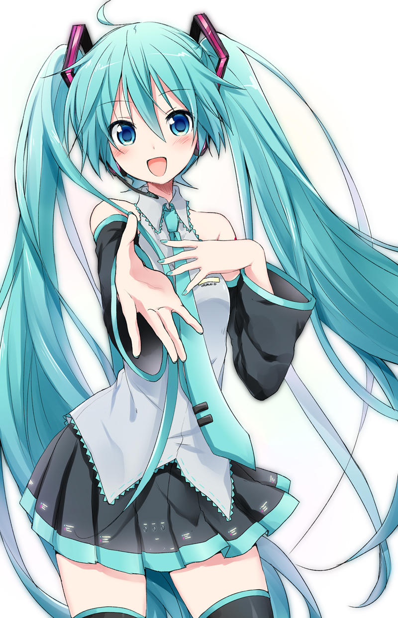 1girl :d aqua_eyes aqua_hair bare_shoulders blush commentary cowboy_shot detached_sleeves hair_ornament hand_on_own_chest hatsune_miku headset highres long_hair necktie open_mouth reaching_out skirt smile solo sudachi_(calendar) thigh-highs twintails very_long_hair vocaloid white_background zettai_ryouiki