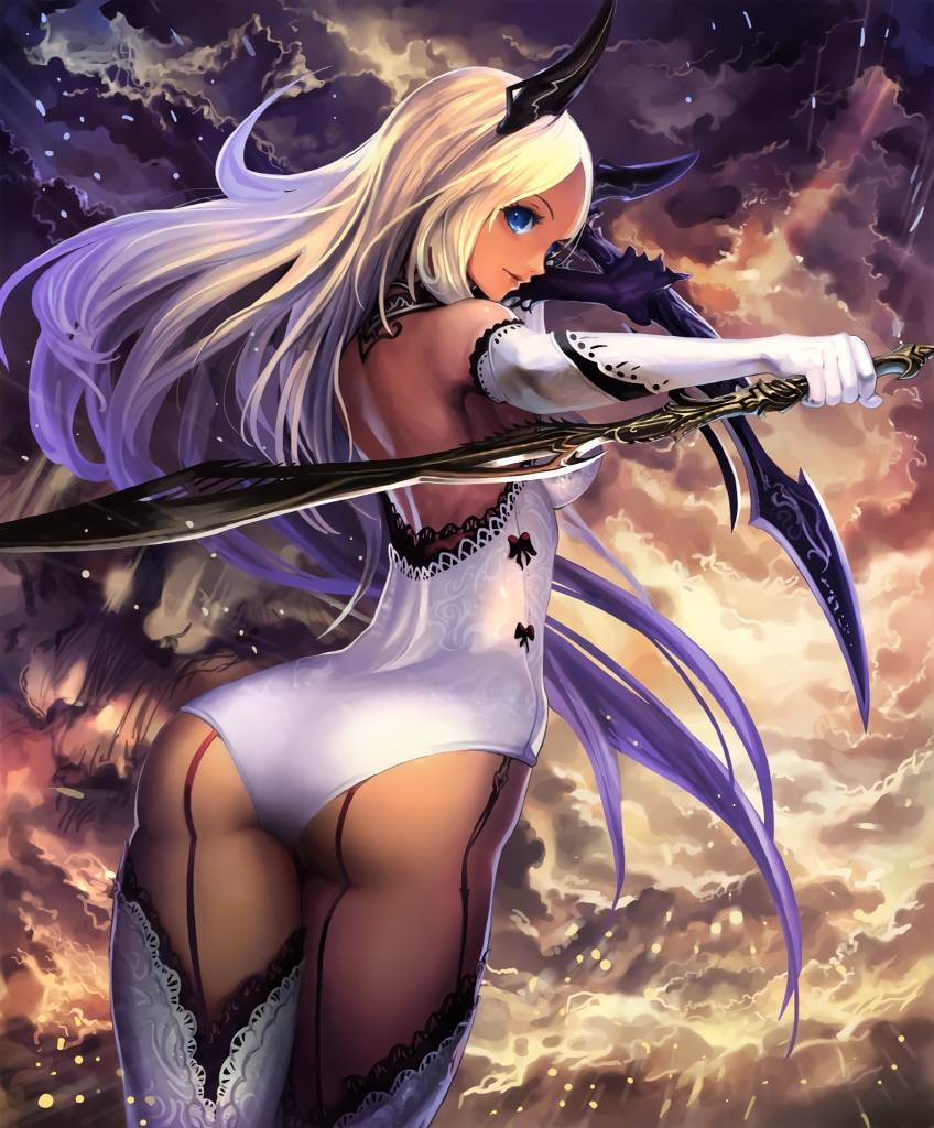 1girl artist_request ass backless_outfit blonde_hair blue_eyes clouds cloudy_sky cygames dark_skin demon_girl dual_wielding elbow_gloves gloves holding horns long_hair looking_at_viewer looking_back official_art pantyhose reverse_grip ribbon shadowverse sky solo sword sylvia_the_condemner thigh-highs weapon