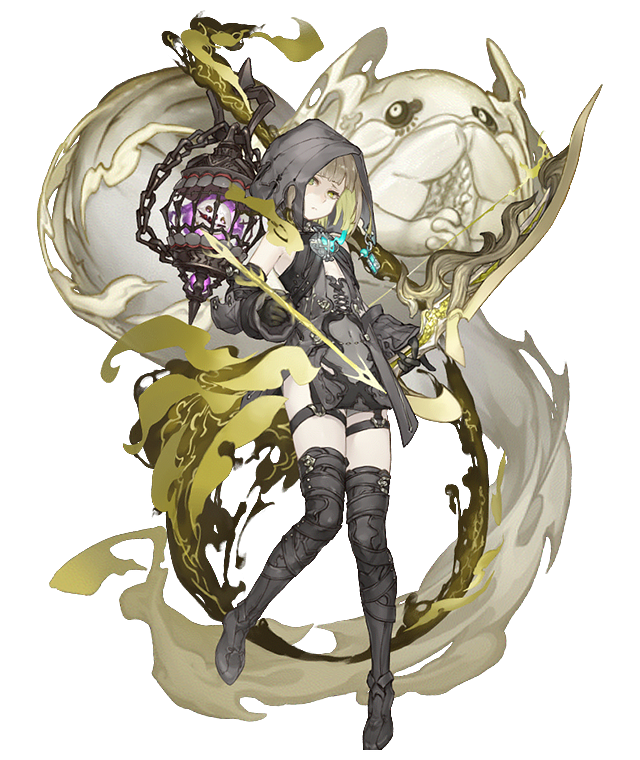 1girl arrow bare_shoulders belt birdcage boots bow_(weapon) brown_hair cage dark_persona detached_sleeves empty_eyes energy_arrow expressionless flat_chest full_body garter_straps green_eyes gretel_(sinoalice) half-nightmare hansel_(sinoalice) hood hood_up ji_no looking_at_viewer official_art pale_skin sinoalice solo thigh-highs thigh_boots transparent_background weapon