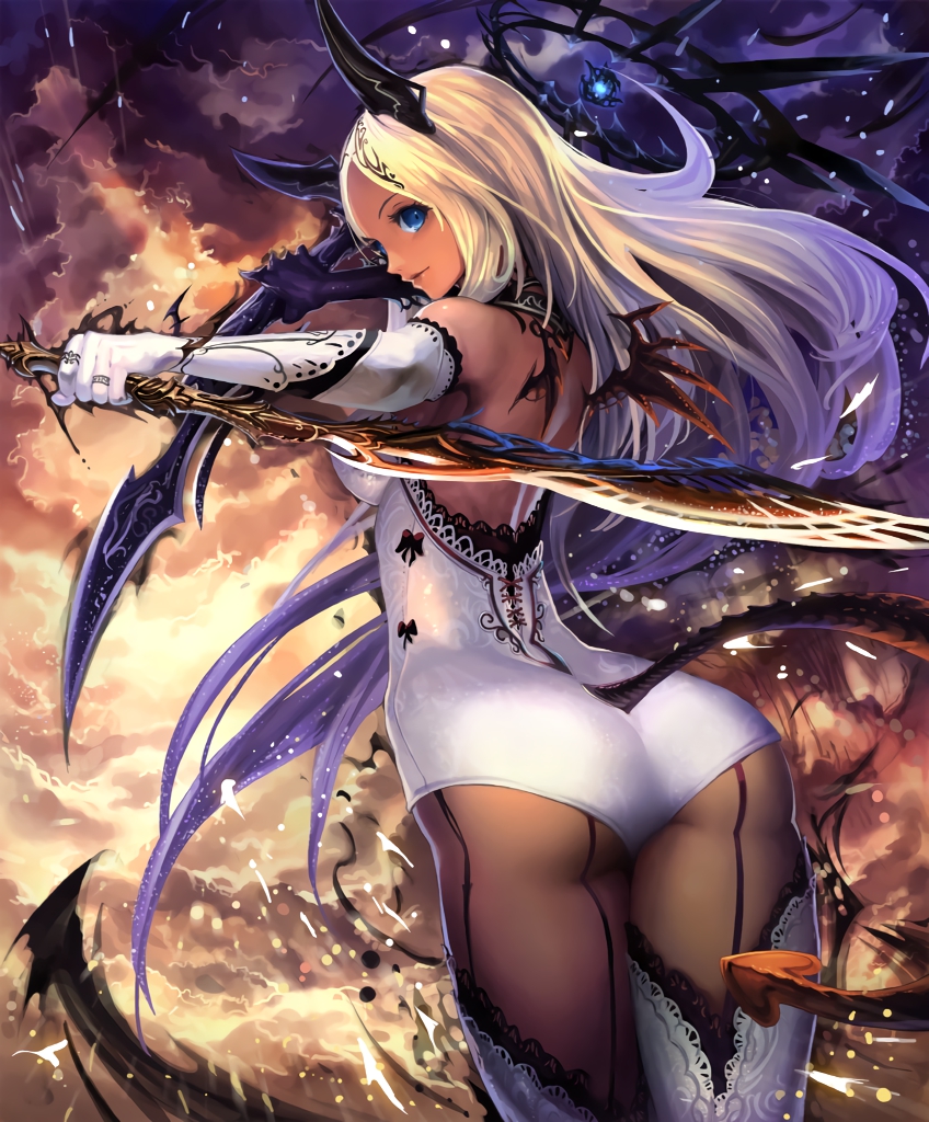 1girl artist_request ass backless_outfit blonde_hair blue_eyes clouds cloudy_sky cygames dark_skin demon_girl demon_tail demon_wings dual_wielding elbow_gloves gloves halo holding horns long_hair looking_at_viewer looking_back mini_wings official_art pantyhose reverse_grip ribbon shadowverse sky solo sword sylvia_the_condemner tail thigh-highs weapon wings