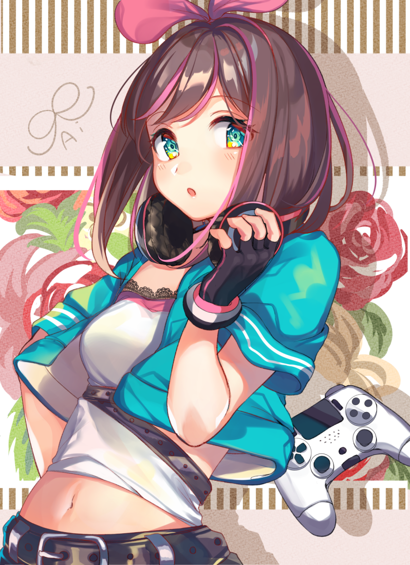 1girl :o a.i._channel belt blue_eyes blush breasts brown_hair controller cropped_jacket fingerless_gloves flower game_controller gloves hairband haruaya headphones kizuna_ai looking_at_viewer medium_breasts medium_hair midriff multicolored_hair navel open_clothes open_mouth pink_hair rose solo two-tone_hair virtual_youtuber