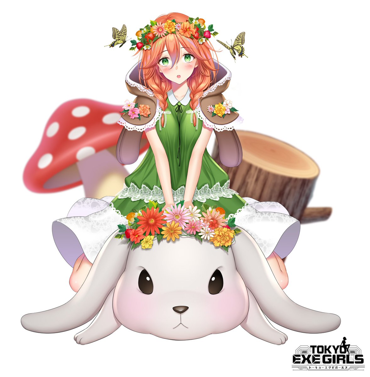 1girl :o blush braid bug butterfly copyright_name dress flower full_body green_dress green_eyes hair_between_eyes head_wreath highres insect logo long_hair looking_at_viewer mushroom official_art rabbit redhead shimashima08123 sitting solo tokyo_exe_girls tree_stump twin_braids watermark