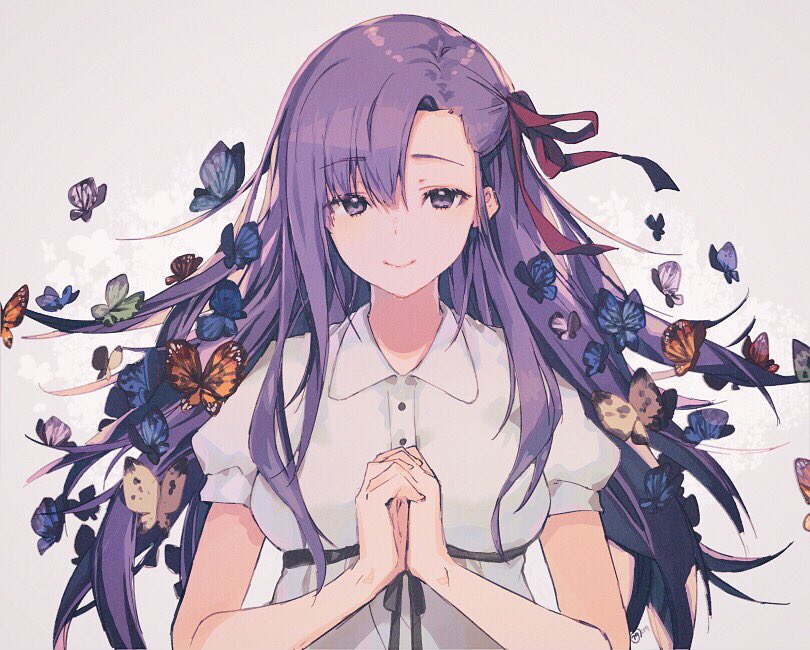 1girl animal bug butterfly closed_mouth collared_dress commentary dress fate/stay_night fate_(series) grey_background hair_ribbon hands_up insect interlocked_fingers long_hair matou_sakura nagu puffy_short_sleeves puffy_sleeves purple_hair red_ribbon ribbon short_sleeves smile solo violet_eyes white_dress