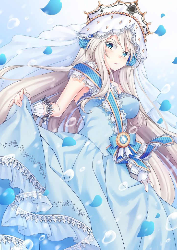 1girl blue_background blue_bow blue_dress blue_eyes blush bow breasts crown dress droplet food_fantasy gradient gradient_background kitsuneco long_hair looking_at_viewer medium_breasts petals sidelocks skirt_hold solo standing very_long_hair vodka_(food_fantasy) white_hair
