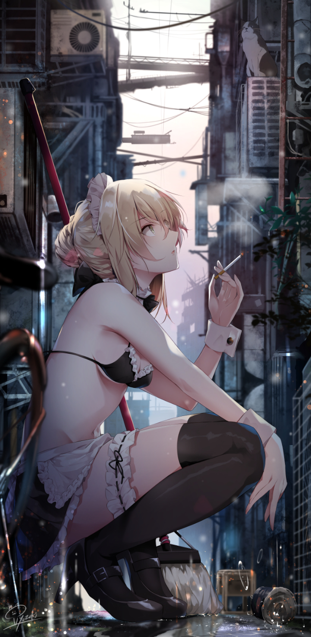 1girl ahoge air_conditioner apron artoria_pendragon_(all) artoria_pendragon_(swimsuit_rider_alter) bangs bare_arms bare_shoulders black_footwear black_legwear black_ribbon blurry_foreground breasts can cat city clouds cloudy_sky day detached_collar eyebrows_visible_through_hair fate/grand_order fate_(series) from_side groin hair_ribbon hair_up high_heels highres hirai_yuzuki ladder leg_garter long_hair looking_up maid_apron maid_bikini maid_headdress medium_breasts mop navel open_mouth outdoors petticoat power_lines ribbon saber_alter sidelocks signature skindentation sky smoke smoking solo squatting thigh-highs waist_apron wrist_cuffs yellow_eyes