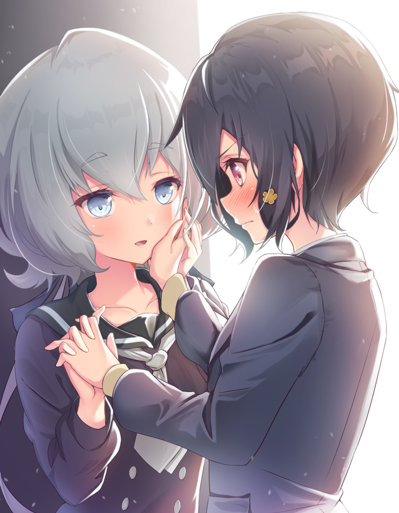 2girls bangs black_dress black_hair black_jacket black_sailor_collar blue_eyes blush collarbone commentary_request dress eye_contact eyebrows_visible_through_hair fingernails grey_neckwear hair_between_eyes hand_on_another's_face jacket konno_junko looking_at_another matokechi mizuno_ai multiple_girls neckerchief parted_lips profile red_eyes sailor_collar sailor_dress silver_hair smile upper_body yuri zombie_land_saga