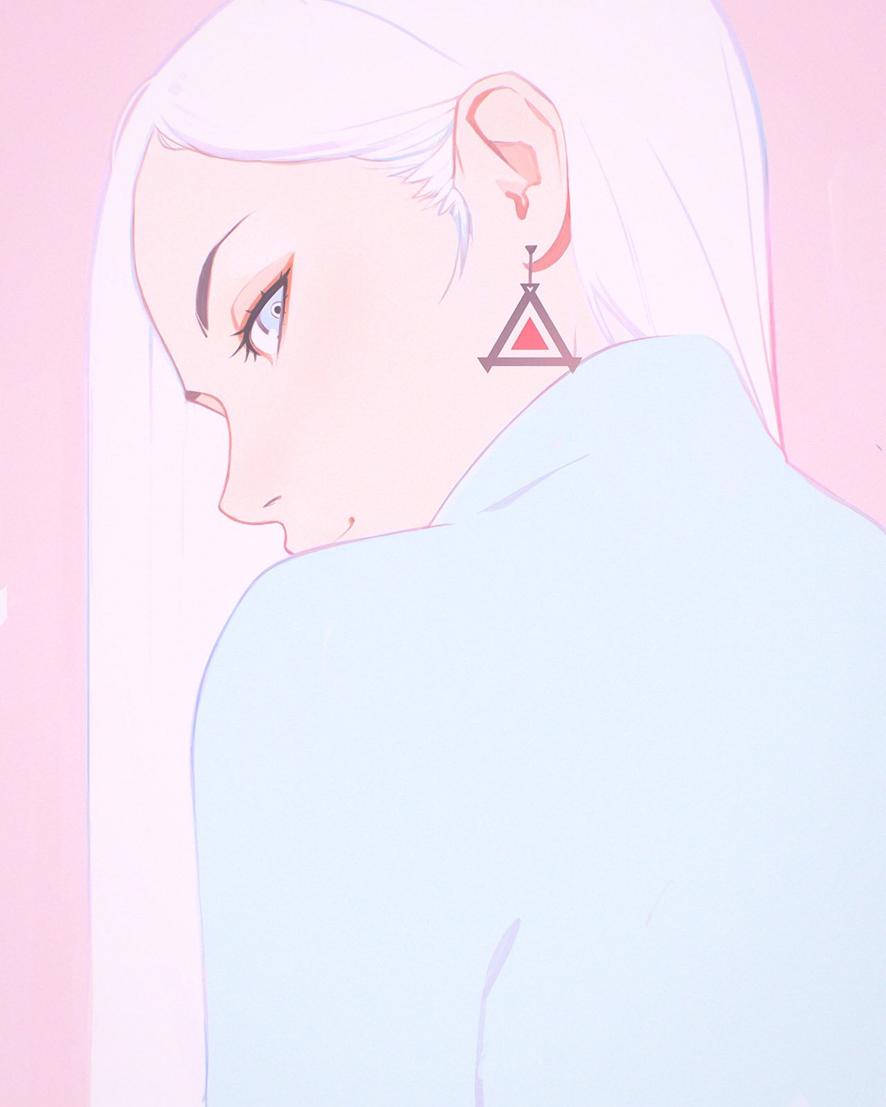 1girl blue_eyes earrings half-closed_eyes highres ilya_kuvshinov jewelry long_hair looking_at_viewer looking_back original pink_background portrait profile smile solo upper_body white_hair