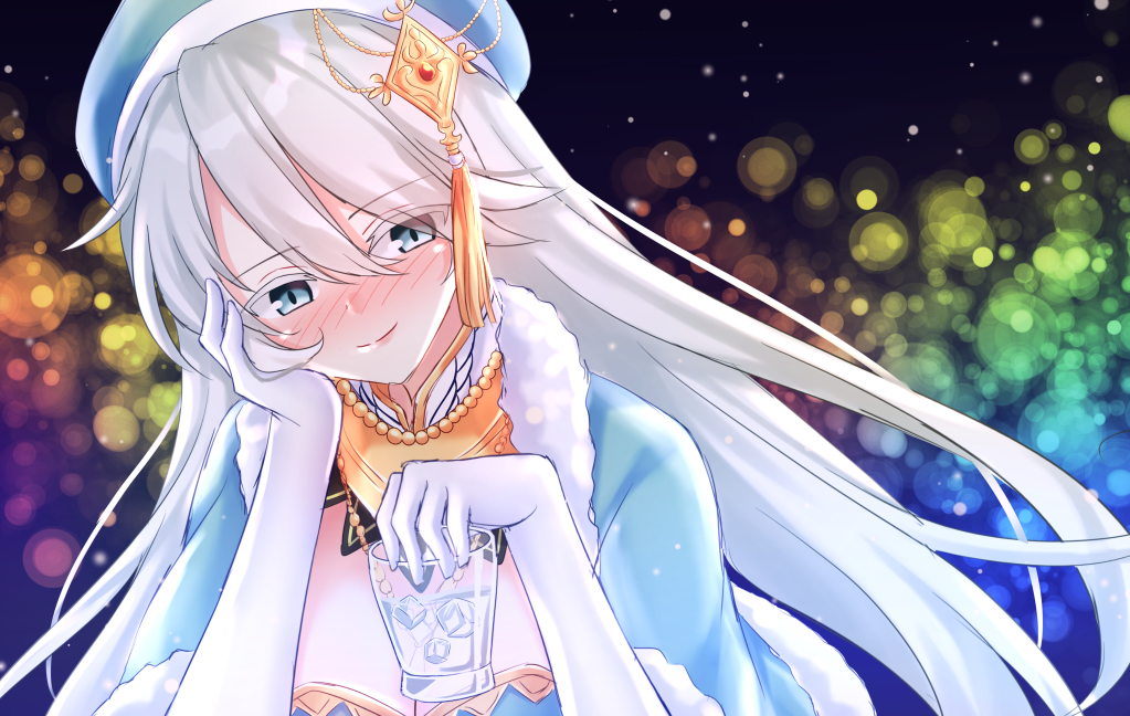 1girl black_background blue_dress blue_eyes blue_hat blush cup dress elbow_gloves food_fantasy fur_trim gloves hat holding holding_cup ice ice_cube kitsuneco long_hair looking_at_viewer simple_background smile solo upper_body very_long_hair vodka_(food_fantasy) white_gloves white_hair