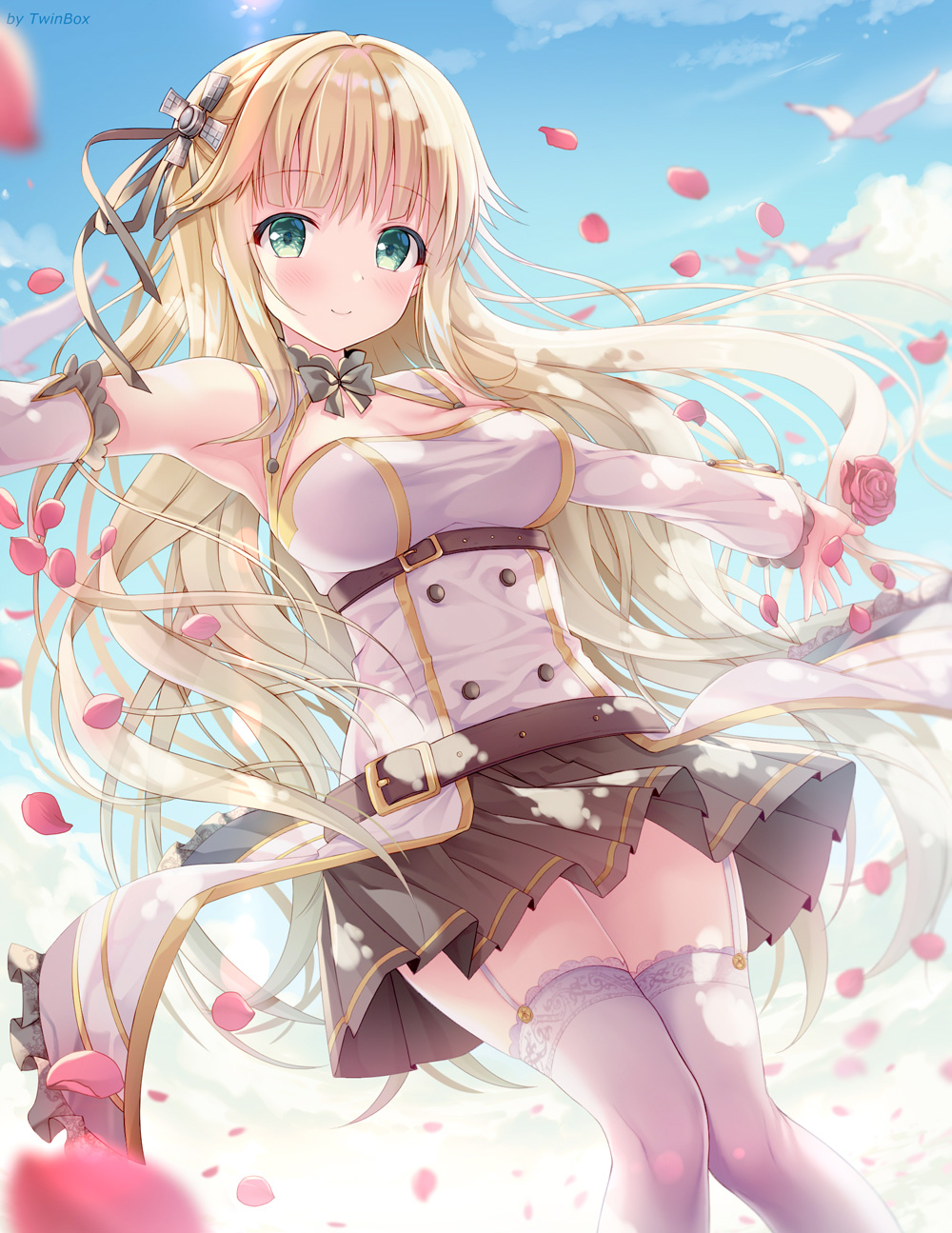 1girl animal aqua_eyes armpits aurora_(f10)_(azur_lane) azur_lane bangs bare_shoulders bird black_bow black_ribbon black_skirt blonde_hair blue_sky blurry blush bow breasts buttons cleavage cleavage_cutout closed_mouth clouds cloudy_sky commentary_request day depth_of_field detached_sleeves double-breasted dove eyebrows_visible_through_hair feet_out_of_frame garter_straps hair_ornament hair_ribbon highres long_hair long_sleeves looking_at_viewer medium_breasts miniskirt outdoors outstretched_arms petals ribbon sidelocks skirt sky smile solo sousouman standing thigh-highs very_long_hair white_legwear zettai_ryouiki