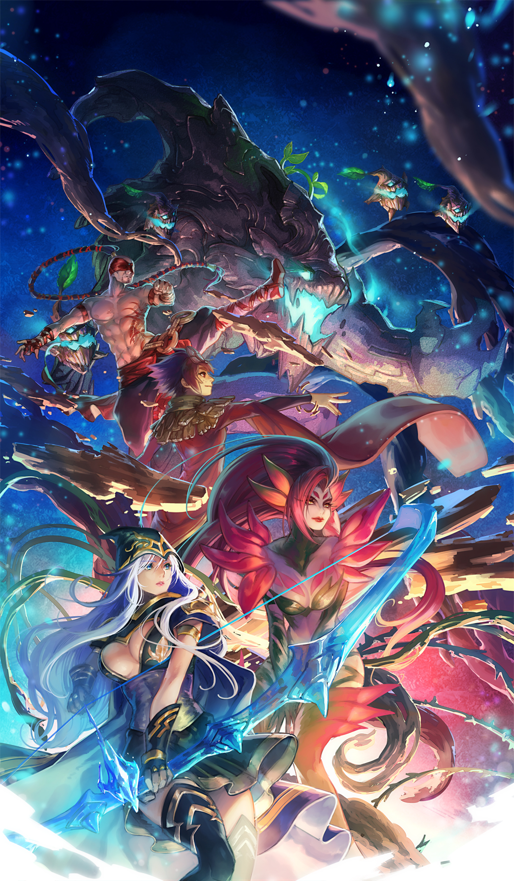 2boys 3girls armband armlet arrow ashe_(league_of_legends) bandage bandaged_hands bandaged_leg bandages black_gloves black_hair blindfold blue_eyes bow_(weapon) bracelet brown_hair cape clenched_hand eyebrows_visible_through_hair facial_hair fingerless_gloves flower gloves glowing glowing_eyes glowing_mouth highres holding holding_arrow holding_bow_(weapon) holding_weapon hood hood_up ice jewelry kicking league_of_legends lee_sin lens_flare lipstick long_hair makeup maokai moss multiple_boys multiple_girls muscle open_mouth parted_lips pink_hair pink_lips plant ponytail red_eyes red_lips red_lipstick rock sapling shirtless short_hair silver_hair skirt smile smoke taliyah tamtam_ex tattoo thigh-highs thorns transparent vines weapon white_hair yellow_eyes zyra