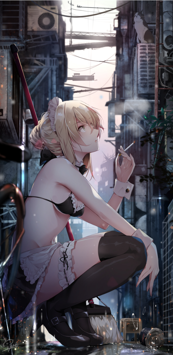 1girl ahoge air_conditioner apron artoria_pendragon_(all) artoria_pendragon_(swimsuit_rider_alter) bangs bare_arms bare_shoulders black_footwear black_legwear black_ribbon blurry_foreground breasts can cat city clouds cloudy_sky commentary_request day detached_collar eyebrows_visible_through_hair fate/grand_order fate_(series) from_side groin hair_ribbon hair_up high_heels highres hirai_yuzuki ladder leg_garter long_hair looking_up maid_apron maid_bikini maid_headdress medium_breasts mop navel open_mouth outdoors petticoat power_lines revision ribbon sidelocks signature skindentation sky smoke smoking solo squatting thigh-highs waist_apron wrist_cuffs yellow_eyes