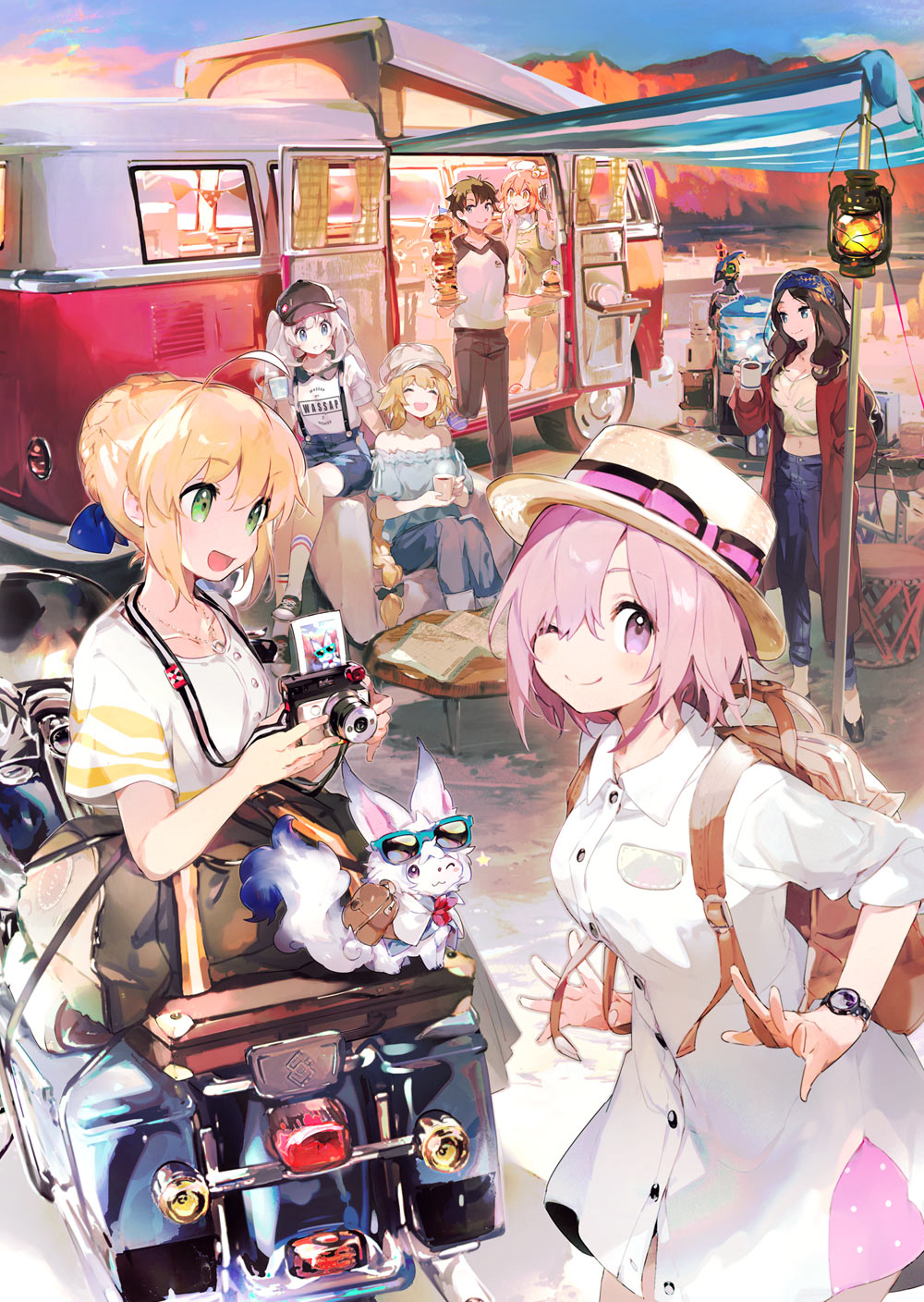 1boy 6+girls ahoge artoria_pendragon_(all) backpack bag bandanna bare_shoulders blouse braided_bun breasts camera cleavage cliff closed_eyes coffee_maker_(object) contemporary couch cup fate/grand_order fate_(series) fou_(fate/grand_order) fujimaru_ritsuka_(female) fujimaru_ritsuka_(male) ground_vehicle hair_over_one_eye hat highres jacket jeanne_d'arc_(fate) jeanne_d'arc_(fate)_(all) lantern leonardo_da_vinci_(fate/grand_order) long_braid long_hair map marie_antoinette_(fate/grand_order) mash_kyrielight mechanical_bird midriff motor_vehicle motorcycle multiple_girls namie-kun official_art one_eye_closed pants photo_(object) plate ribbon saber shorts sitting skirt smile sunglasses table tarpaulin twintails van very_long_hair watch