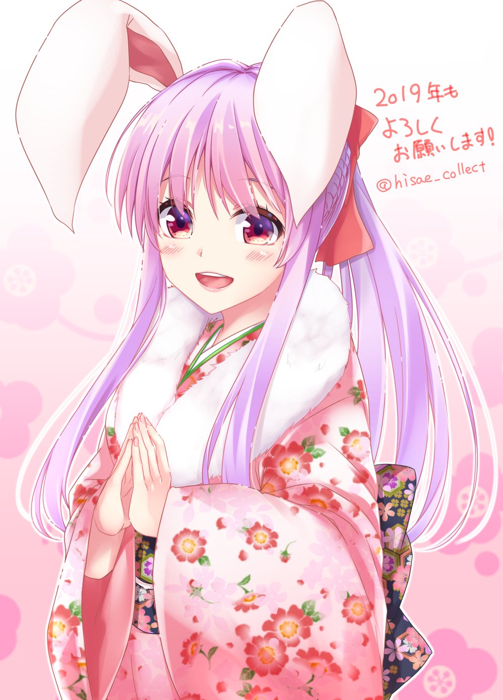1girl 2019 :d alternate_costume alternate_hairstyle animal_ears artist_name bangs blue_sash blush commentary_request cowboy_shot floral_print fur_collar gradient gradient_background hair_ribbon heart highres japanese_clothes kimono kue long_hair long_sleeves looking_at_viewer obi open_mouth outline own_hands_together pink_background pink_kimono ponytail purple_hair rabbit_ears red_eyes red_ribbon reisen_udongein_inaba ribbon sash sidelocks smile solo standing touhou translated twitter_username white_background white_outline wide_sleeves