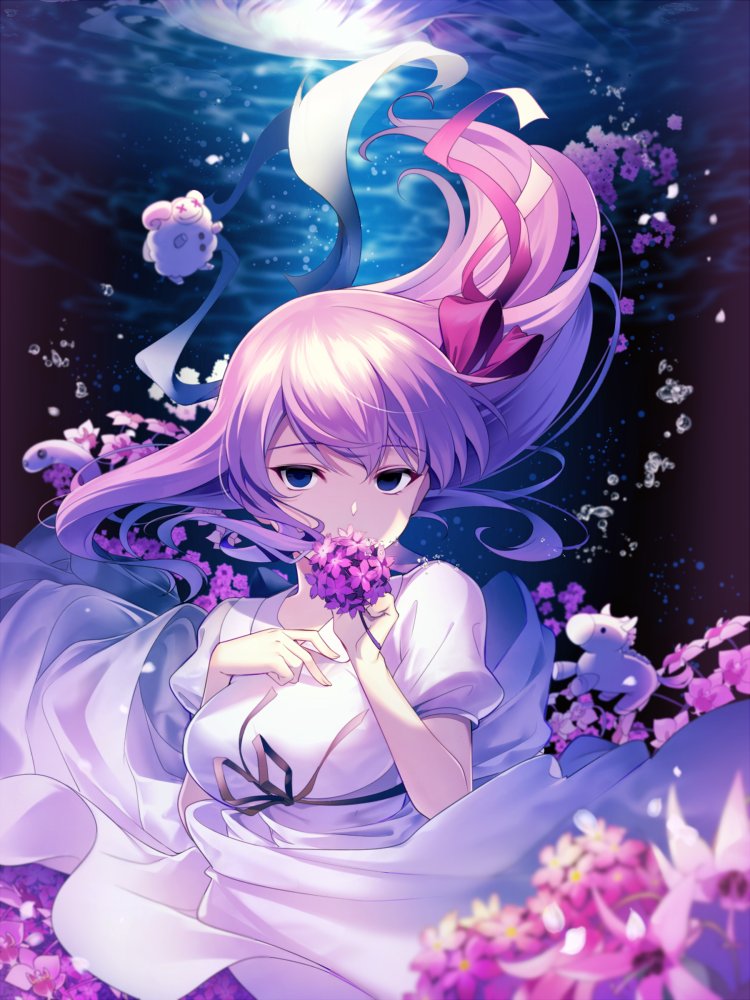 1girl bangs bubble commentary_request dress fate/stay_night fate_(series) flower hair_ribbon hand_on_own_chest long_hair looking_at_viewer matou_sakura petals purple_hair red_ribbon ribbon solo stuffed_toy underwater violet_eyes white_dress