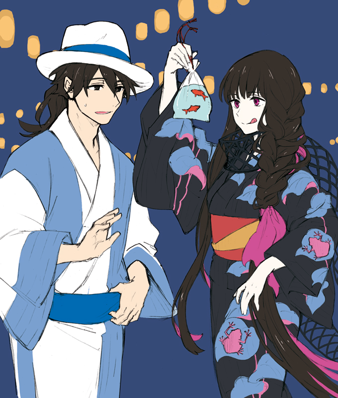 1boy 1girl black_hair braid fate/grand_order fate_(series) fedora fish goldfish hat isshoku_(shiki) japanese_clothes kimono licking_lips long_hair low_ponytail obi oryou_(fate) pink_eyes sakamoto_ryouma_(fate) sash scarf tongue tongue_out very_long_hair yukata