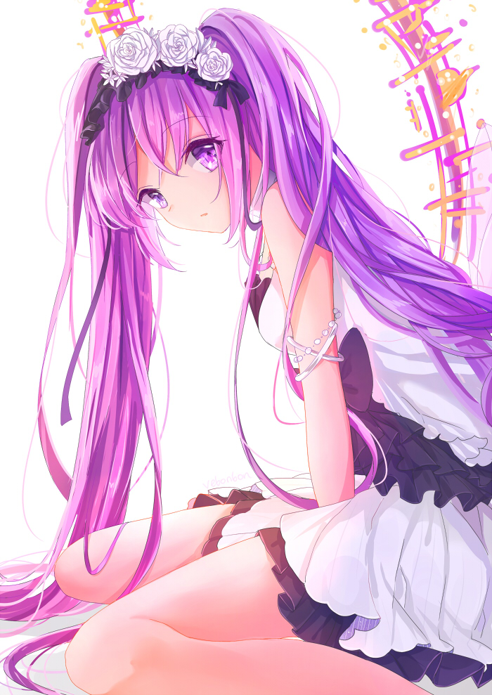 1girl armlet bangs bare_arms bare_legs bare_shoulders between_legs black_hairband blush breasts commentary_request dress euryale eyebrows_visible_through_hair fate/hollow_ataraxia fate_(series) feet_out_of_frame flower from_side hair_flower hair_ornament hairband hand_between_legs leaning_forward long_hair looking_at_viewer looking_to_the_side parted_lips purple_hair rose simple_background sitting sleeveless sleeveless_dress small_breasts solo tareme twintails vebonbon very_long_hair violet_eyes wariza white_background white_dress white_flower white_rose