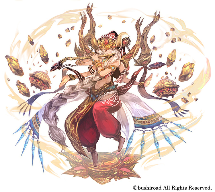 armlet bare_shoulders barefoot bismarcho bracelet braid company_name extra_arms floating full_body gem hair_over_shoulder horns jewelry levitation long_hair navel official_art pants red_pants rock silver_hair solo tagme very_long_hair white_background