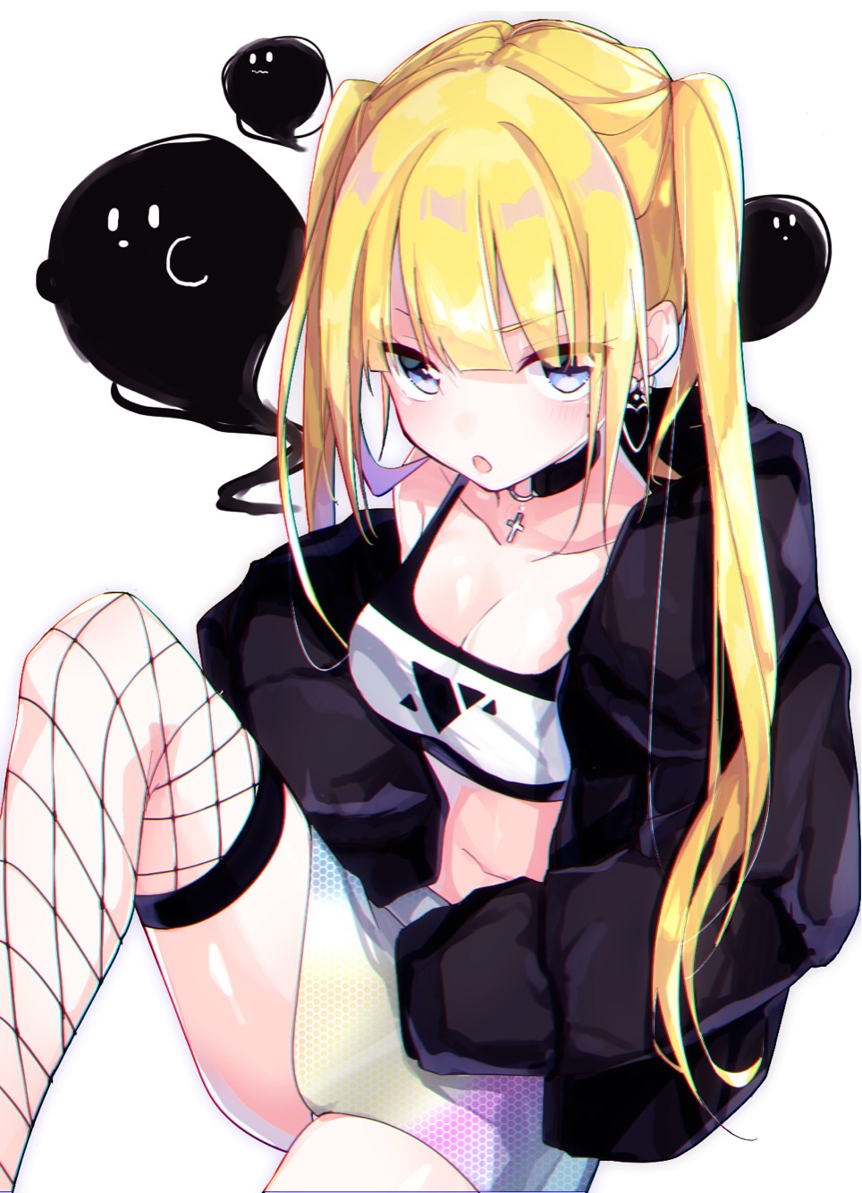 1girl :o ass bangs black_choker black_jacket blonde_hair blue_eyes blush breasts choker cleavage collarbone commentary_request crop_top cross_choker eyebrows_visible_through_hair fishnet_legwear fishnets goroo_(eneosu) highres hood hood_down hooded_jacket jacket knee_up latin_cross long_hair looking_at_viewer medium_breasts midriff off_shoulder open_clothes open_jacket original parted_lips sitting skirt solo thigh-highs twintails very_long_hair white_background