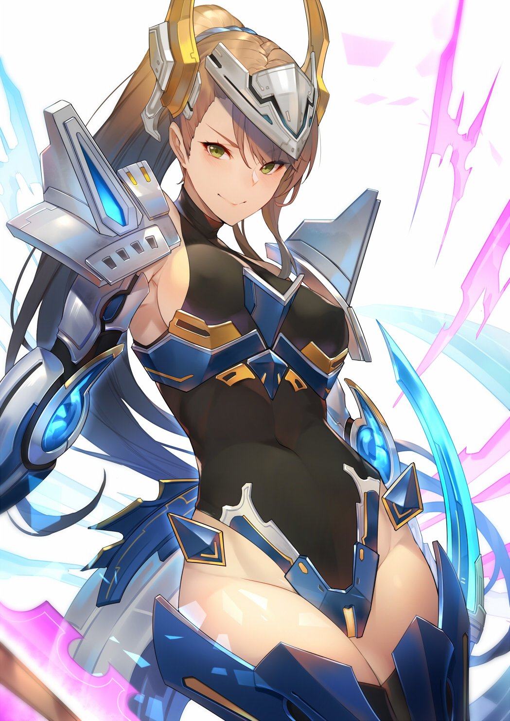 1girl :&gt; armor beatrix_(granblue_fantasy) breasts brown_hair covered_navel covered_nipples crotch_plate glowing granblue_fantasy green_eyes hair_ornament headpiece highres kakage leotard looking_at_viewer ponytail shoulder_armor sideboob sidelocks solo thigh-highs white_background