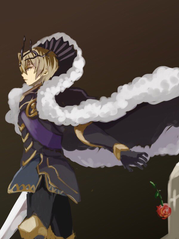 1boy armor black_background blonde_hair cape crown fire_emblem fire_emblem_if fur_cape gloves holding holding_sword holding_weapon leon_(fire_emblem_if) nintendo renkonmatsuri solo sword violet_eyes weapon