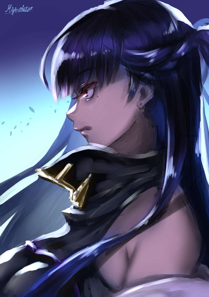 &gt;:( 1girl anchor_symbol azur_lane bangs bare_shoulders black_hair coat half_updo highres long_hair miginohito_mitsuru mole mole_under_eye off_shoulder red_eyes solo west_virginia_(azur_lane)