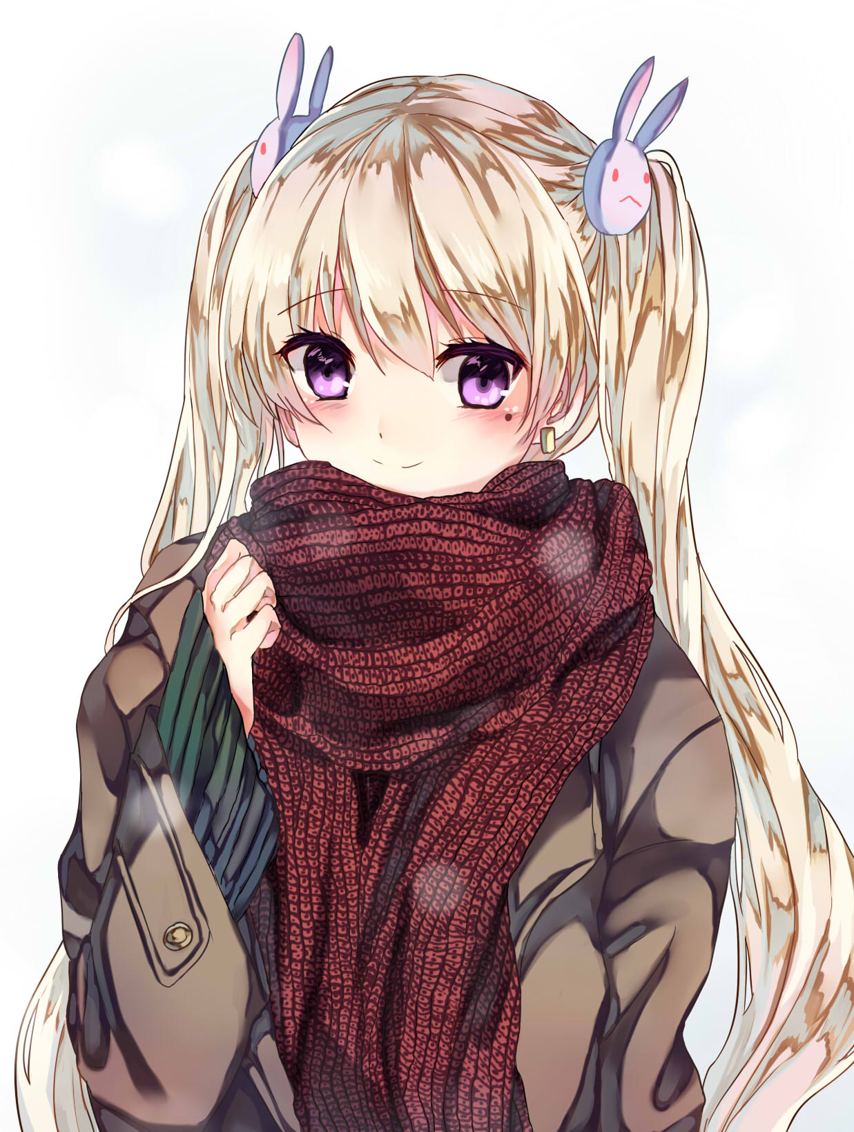 1girl blush coat earrings hair_between_eyes hair_ornament highres jewelry looking_at_viewer maplestory mole mole_under_eye orchid_(maplestory) scarf silver_hair smile twintails user_sekn8548 violet_eyes