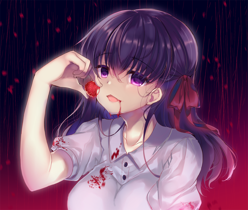 1girl bangs black_background breasts buttons collarbone collared_shirt commentary_request eyebrows_visible_through_hair fate/stay_night fate_(series) food fruit gradient gradient_background hair_between_eyes hair_ribbon hand_up heaven's_feel holding holding_food long_hair looking_at_viewer matou_sakura medium_breasts parted_lips purple_hair red_background red_ribbon ribbon shirt short_sleeves solo stain stained_clothes strawberry suzunone_rena upper_body violet_eyes white_shirt yandere