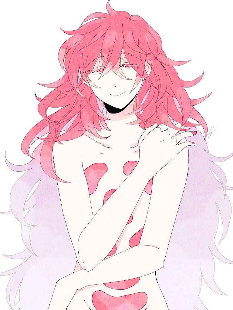 1other androgynous colored_eyelashes crystal_hair eeennnka eyebrows_visible_through_hair gem hair_between_eyes houseki_no_kuni light_smile long_hair looking_at_viewer nude padparadscha_(houseki_no_kuni) red_eyes redhead smile solo very_long_hair wavy_hair white_background