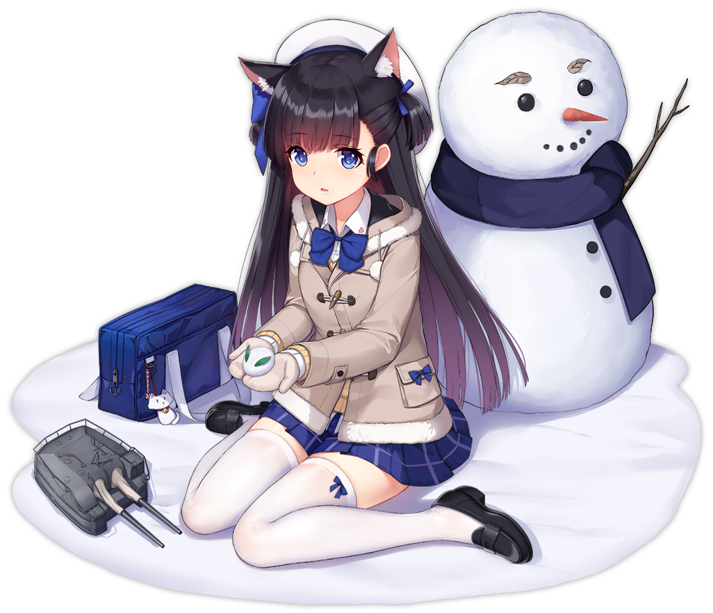 1girl :d allenes animal_ear_fluff animal_ears azur_lane bag bag_charm bangs black_footwear blue_bow blue_eyes blue_skirt blush bow brown_hair brown_jacket brown_mittens cannon cat_ears charm_(object) closed_mouth collared_shirt eyebrows_visible_through_hair hatsuharu_(azur_lane) headset holding jacket loafers long_hair long_sleeves looking_at_viewer mittens official_art open_mouth parted_lips pleated_skirt school_bag shirt shoes sitting skirt smile snow snow_bunny snowman solo thigh-highs transparent_background turret very_long_hair wariza white_legwear white_shirt