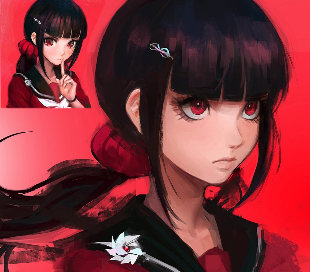 1girl ascot bangs black_hair blunt_bangs breasts closed_mouth collarbone commentary dangan_ronpa eyelashes finger_to_mouth floating_hair hair_ornament hand_up harukawa_maki index_finger_raised lips long_hair long_sleeves looking_at_viewer mole mole_under_eye multiple_views new_dangan_ronpa_v3 nose qosic red_background red_eyes red_scrunchie red_shirt school_uniform scrunchie serafuku shirt shushing sidelocks solo twintails upper_body watch watch white_neckwear