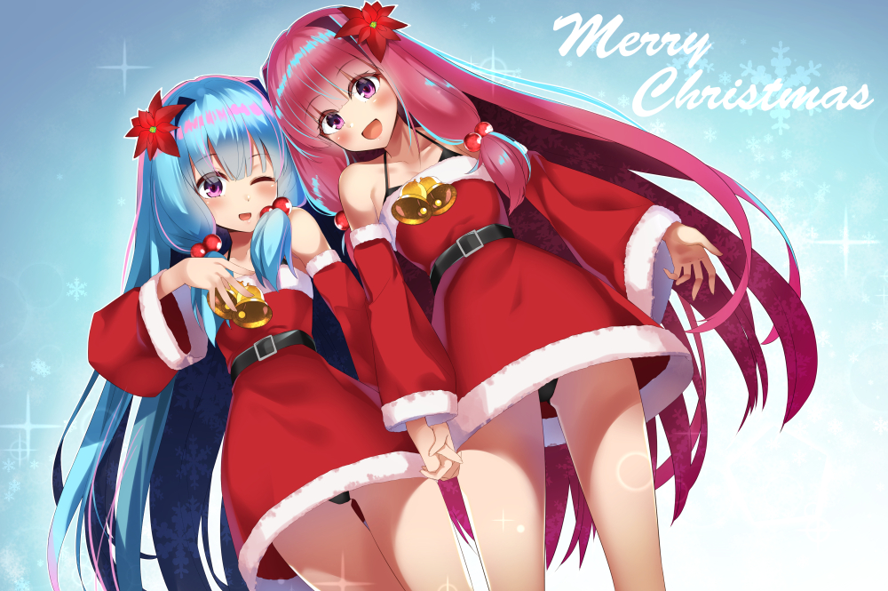 2girls :d ;d bangs bare_shoulders bell black_panties blue_hair blush christmas commentary_request detached_sleeves dress dutch_angle eyebrows_visible_through_hair flower fur-trimmed_dress fur-trimmed_sleeves fur_trim hair_bobbles hair_flower hair_ornament hand_holding hand_up interlocked_fingers kotonoha_akane kotonoha_aoi long_hair long_sleeves merry_christmas multiple_girls one_eye_closed open_mouth panties parutoneru red_dress red_flower red_sleeves redhead sidelocks smile snowflakes sparkle underwear very_long_hair violet_eyes voiceroid wide_sleeves