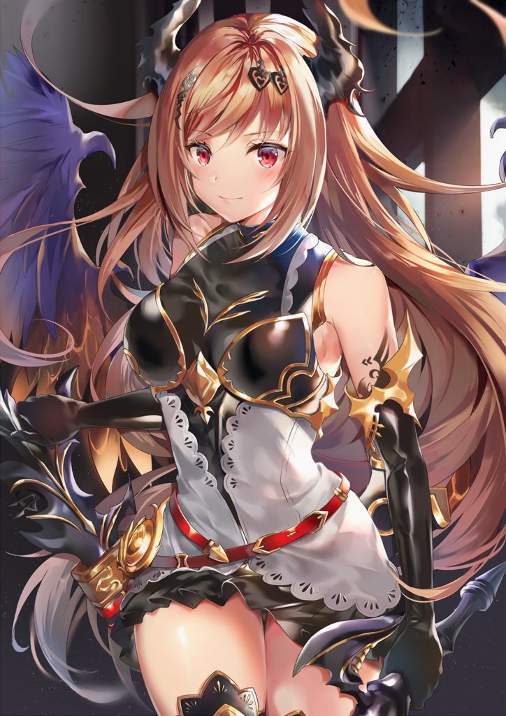 1girl armor armored_dress bangs bare_shoulders black_dress black_gloves blonde_hair breasts closed_mouth cowboy_shot dark_angel_olivia dress elbow_gloves eyebrows_visible_through_hair flower gloves granblue_fantasy hair_flower hair_ornament hairclip hinahino holding horns long_hair looking_at_viewer medium_breasts red_eyes sidelocks smile solo sword thigh-highs thighs very_long_hair walking weapon wings