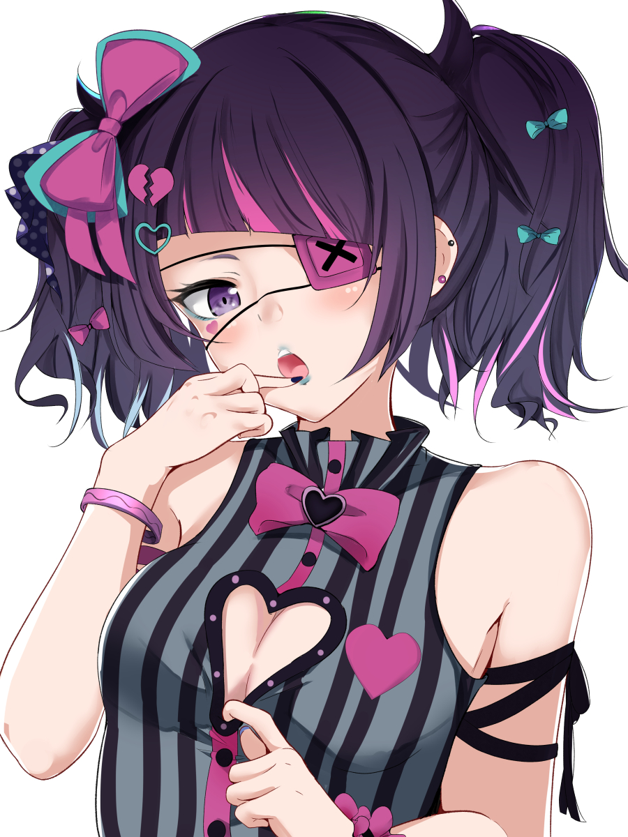 1girl :o aqua_bow arm_ribbon armpit_crease bangs bare_shoulders black_ribbon blush bow bracelet breasts buttons cleavage cleavage_cutout commentary_request ear_piercing eyeliner eyepatch facial_mark hair_bow hair_ornament hand_up heart heart_cutout highres idolmaster idolmaster_shiny_colors jewelry long_hair makeup medium_breasts multicolored_hair open_mouth piercing pink_bow pink_hair purple_hair ribbon schreibe_shura shirt simple_background sleeveless sleeveless_shirt solo streaked_hair striped striped_shirt tanaka_mamimi twintails upper_body violet_eyes white_background white_hair