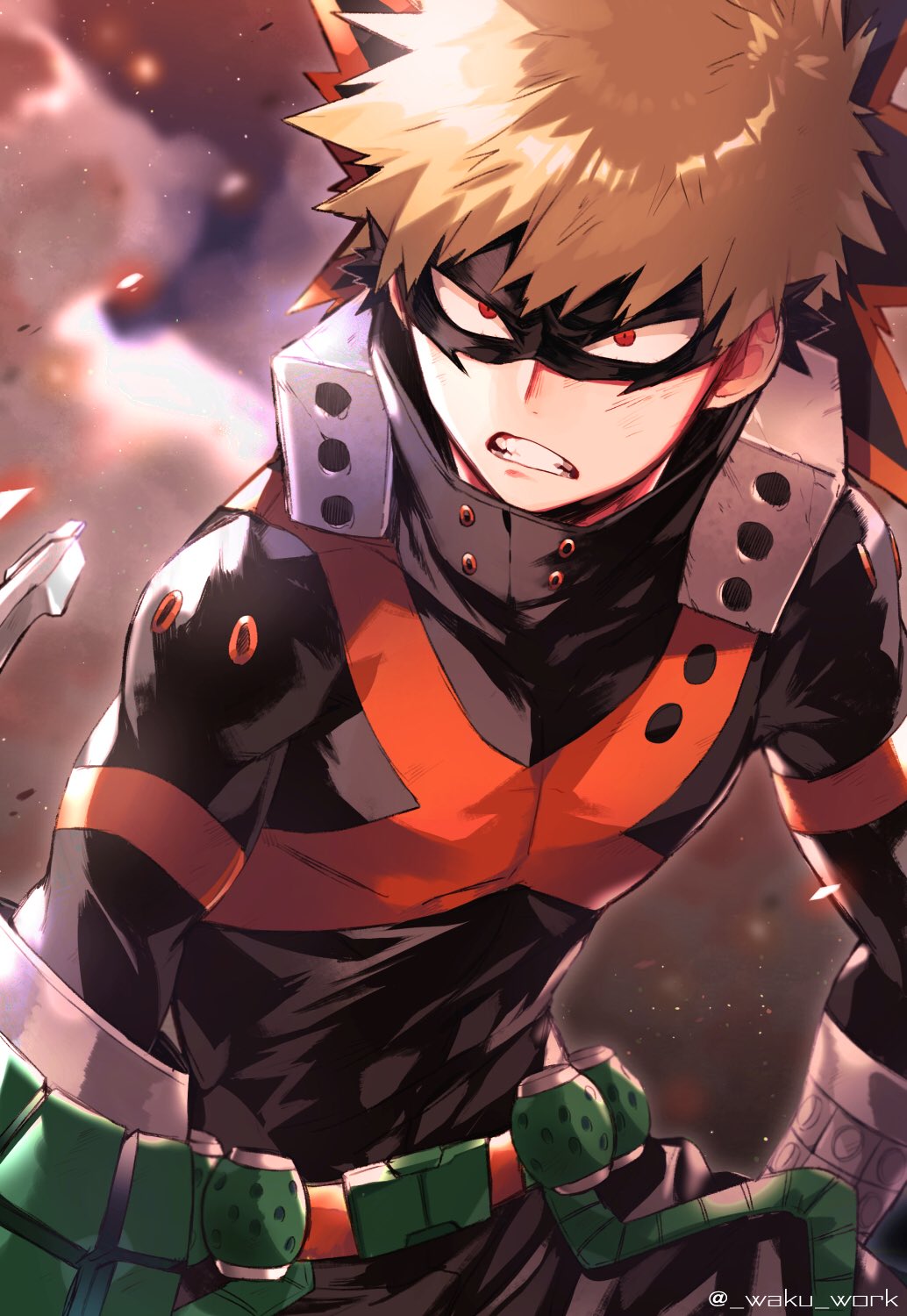 1boy angry bakugou_katsuki blonde_hair boku_no_hero_academia clenched_teeth clouds costume highres long_sleeves looking_at_viewer mask red_eyes smoke spiky_hair teeth