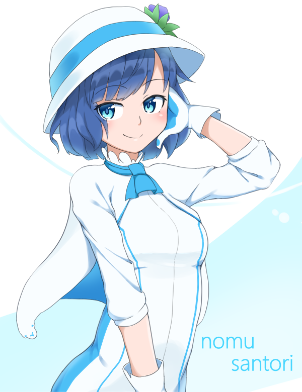 1girl blue_eyes blue_hair bubukka character_name closed_mouth eyebrows_visible_through_hair gloves hat long_sleeves looking_at_viewer short_hair smile solo suntory suntory_nomu virtual_youtuber white_gloves white_hat