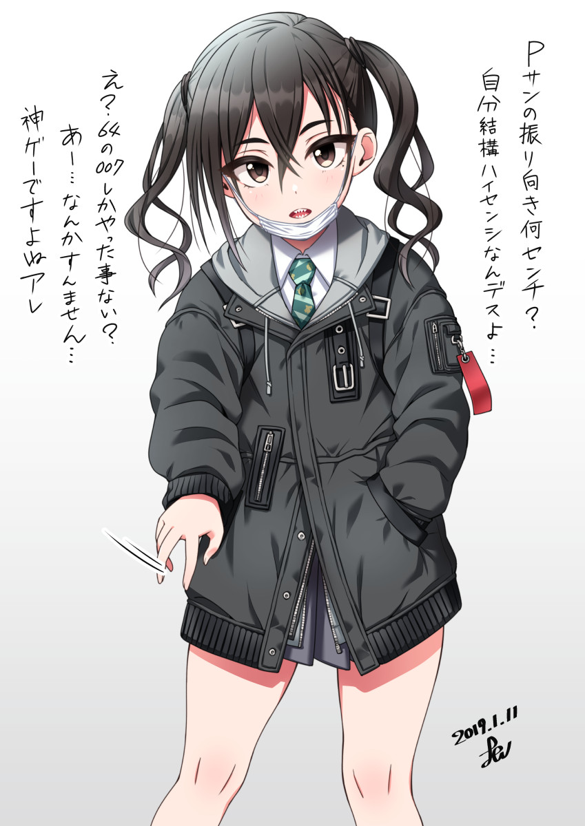 1girl black_hair brown_eyes hand_in_hair highres hood hooded_jacket idolmaster idolmaster_cinderella_girls jacket long_hair looking_at_viewer necktie pleated_skirt school_uniform sharp_teeth simple_background skirt solo sunazuka_akira teeth translation_request twintails white_background yoohi