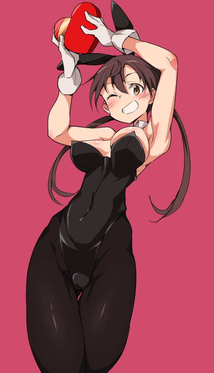 1girl animal_ears armpits arms_up bare_shoulders black_leotard blush brown_eyes brown_hair bunny_girl bunnysuit covered_navel cowboy_shot detached_collar fake_animal_ears gertrud_barkhorn gloves highres leotard long_hair one_eye_closed pantyhose rabbit_ears simple_background smile solo strapless strapless_leotard strike_witches teeth twintails valentine vuta-don white_gloves world_witches_series