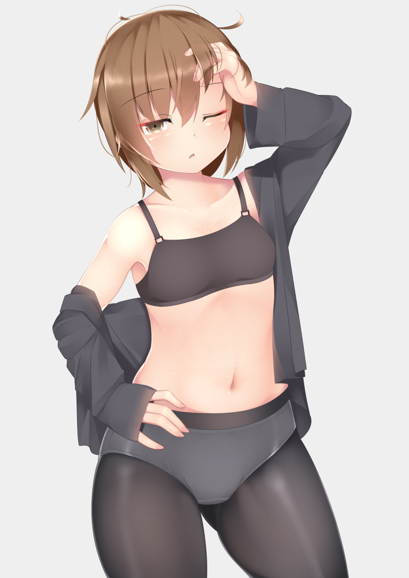 1girl :o bangs bare_shoulders black_bra black_legwear black_shirt blush bra brown_eyes brown_hair eyebrows_visible_through_hair grey_background hair_between_eyes hand_in_hair hand_on_hip kantai_collection long_sleeves looking_at_viewer navel ne_an_ito one_eye_closed open_clothes open_mouth panties panties_under_pantyhose pantyhose shirt short_hair simple_background solo underwear wakaba_(kantai_collection)