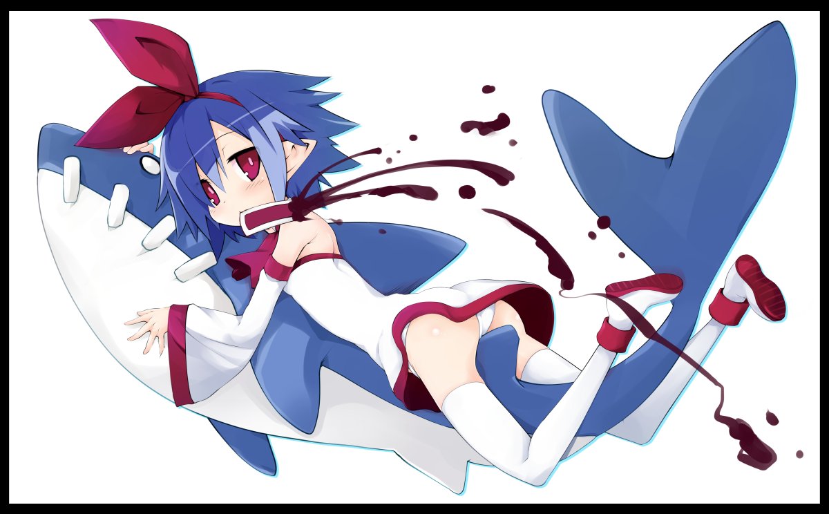 1girl ass bare_shoulders blue_hair blush bow detached_sleeves disgaea hair_bow iwasi-r looking_at_viewer panties pleinair pointy_ears red_eyes shark short_hair solo thigh-highs underwear very_short_hair white_legwear white_panties