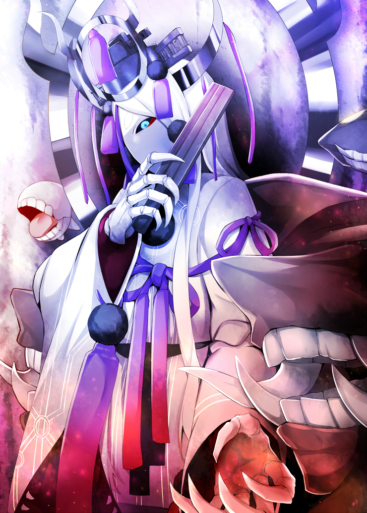 1girl abyssal_sun_hime blue_eyes fan folding_fan hair_ornament headgear holding holding_fan horns japanese_clothes kantai_collection long_hair long_sleeves ribbon robe rui_shi_(rayze_ray) shinkaisei-kan skeletal_arm white_hair white_robe wide_sleeves